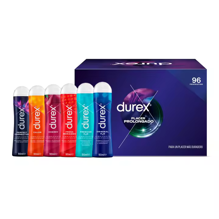 Durex - Condones Placer Prolongado, Pack de 96 Preservativos para Sexo Seguro. Perímetro Regular, Grosor Medio + Geles lubricantes Original h2o, Calor, Frescor, Fresa, Cherry y Perfect connection - 1