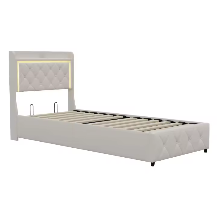 Cama individual 90x200 cm beige con almacenamiento abatible, cabecero acolchado LED y carga - 1