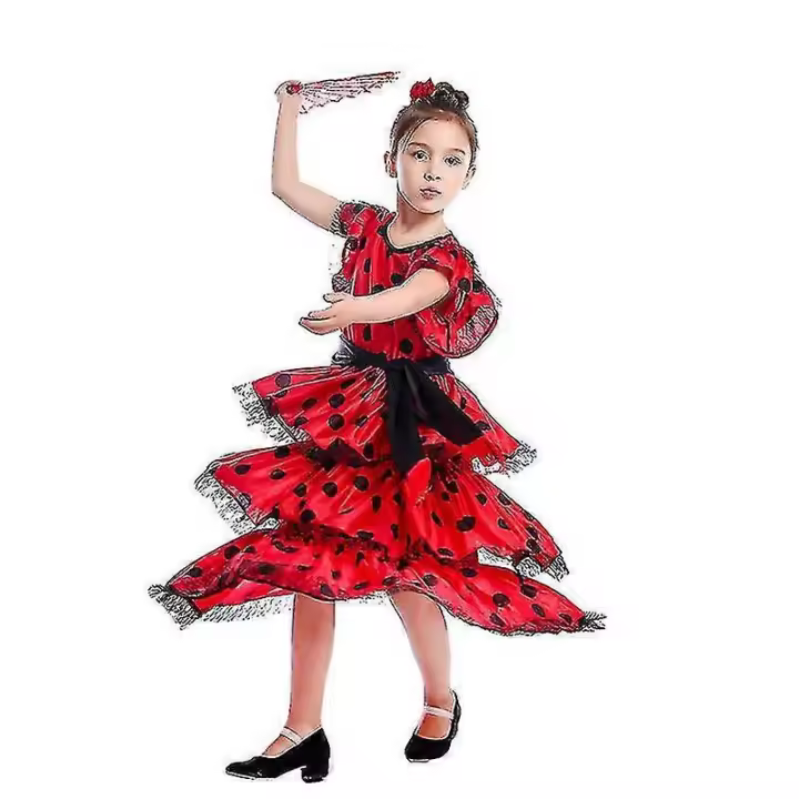 Vestido Niños Halloween Fiesta España flamenco dance traje con cinturón Cabeza Flor ventiador - 1