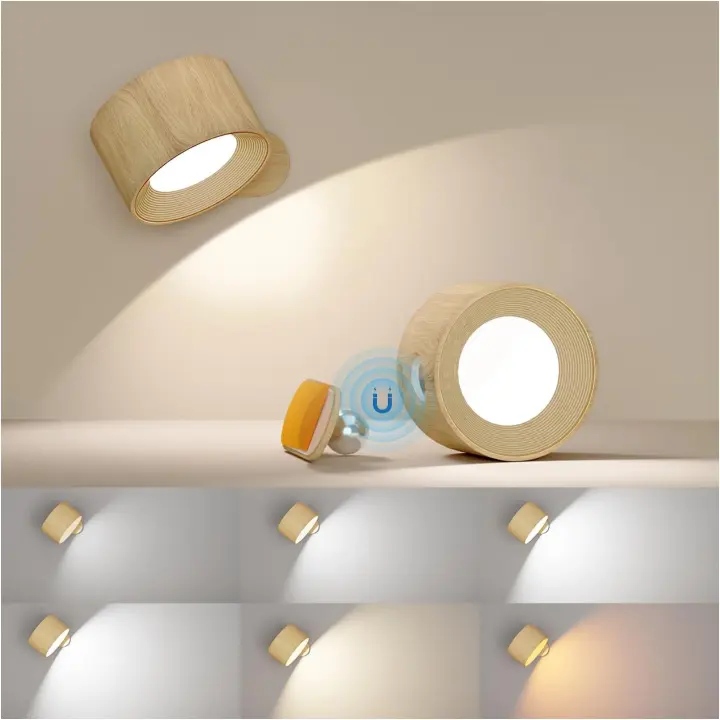 Lámpara de pared LED con iluminación ajustable de 360°, 3 niveles de brillo y control táctil, ideal para montar en la pared (1 unidad). Color madera. - 1