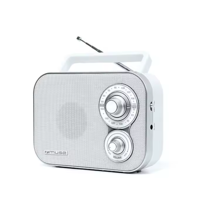 Radio portátil, color blanco | MUSE - Radio de 2 bandas (FM y MW), asa de transporte, antena telescópica giratoria, 4 pilas 1.5V, entrada auxiliar // Ref: M-051 RW - 1