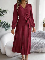 Vestido Elegante De Mujer Con Botones Y Cuello En V Manga Larga Plegado Con Cierre De Lazo Estilo Casual A-Line Para Primavera/Otoño - details 15