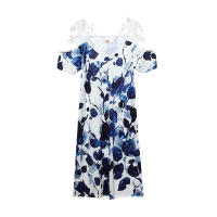 Nuevo Vestido Impreso De Verano Para Mujer Hombros Descubiertos Con Encaje Manga Corta Largo Hasta La Rodilla Estilo Casual - details 13