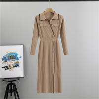 Vestido De Punto Para Mujer Estilo Elegante Cuello Volteado Largo De Manga Acampanado Ajustado Silueta A-Line Midi Cierre De Botón - details 4
