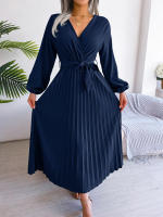Vestido Largo Elegante Para Mujer Con Cuello En V Manga Larga Pleated Maxi Con Cinturón Estilo Casual De Pierna Larga - details 39