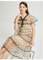 Vestido De Mujer Elegante Con Puntos A-Line Manga Corta V-Neck Vestido De Verano 2025 Q480 Estilo Casual Cintura Natural - details 4