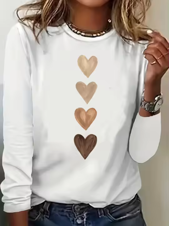 Camiseta De Mujer Estampada En Corazón Gótico Moda Vintage Con Manga Larga Cuello Redondo Top Casual De Polyester Y Modal - 1
