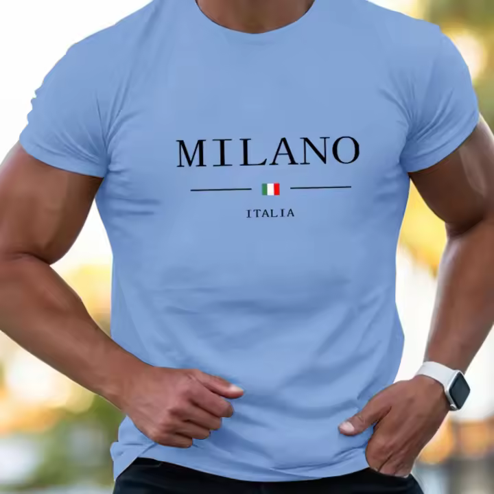 Camiseta De Algodón 100% Para Hombre Verano Deportiva Casual Con Estampado MILANO Cómoda De Compras Cuello Redondo Manga Corta - 1