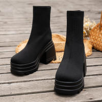 Botas De Mujer Lightweight Casual Con Plataforma Y Tacón Chunky Block Moda Invierno Calf High Sock Botas Material Elástico - details 1