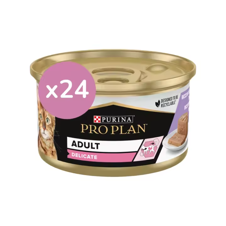 PRO PLAN - Adult Delicate (24x85 gr) - Comida Húmeda en Mousse para Gatos Adultos con Digestiones Sensibles (Pavo) - 1