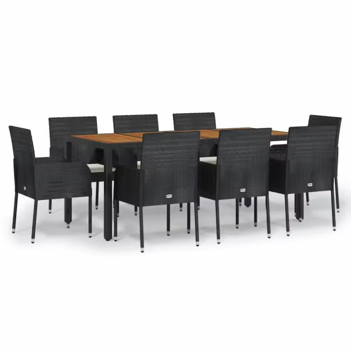 vidaXL Set de comedor de jardín 9 pzas y cojines ratán sintético negro - 1
