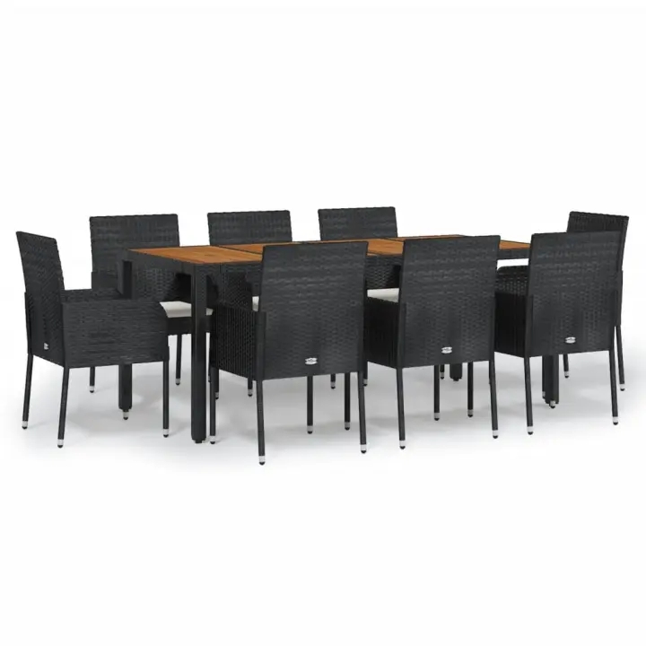 vidaXL Set de comedor de jardín 9 pzas y cojines ratán sintético negro - 1