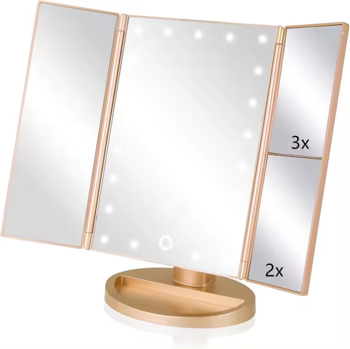 Espejo de maquillaje de vanidad iluminado de 3 pligues, aumento de 1X/2X/3X, Espejo de Mesa Brilliant de 21 LED with Pantalla tacthil, rotación ajustable de 180 - 1