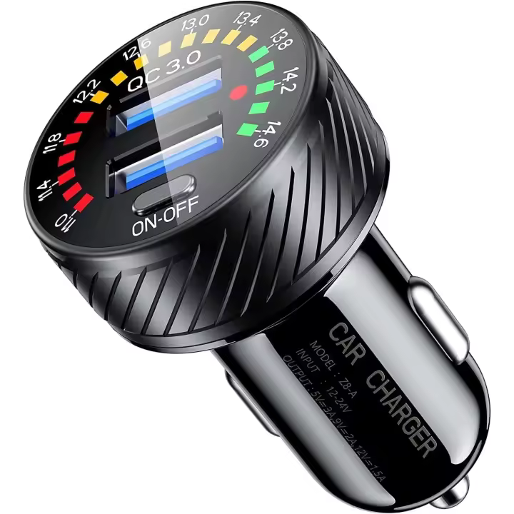 Cargador de coche, adaptador de carga rápida de 36 W, cargador USB dual con medidor de voltaje de color e interruptor - 1