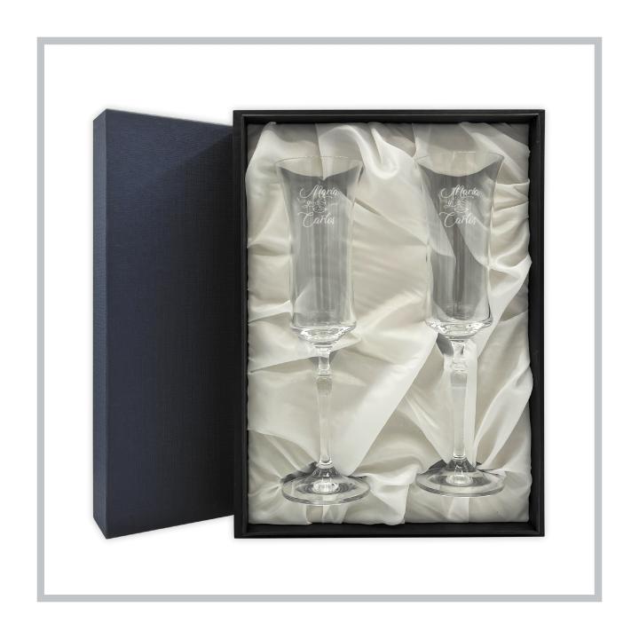 RegaloVip.es - Copas Champán Bohemia, Estuche de Lujo Azul. Cristal de Bohemia, Regalos personalizados y originales, copas personalizadas, brindis con emoción, regalo bodas, 25 aniversario, 50 aniversario, bodas plata, bodas de oro.