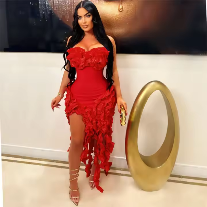 Vestido Largo Elegante Con Volantes Y Borlas Para Fiesta Cumpleaños Mujer 2024 Vestido De Noche Sin Mangas De Cintura Alta Estilo Sexy Y Club Polyester Spandex - 1