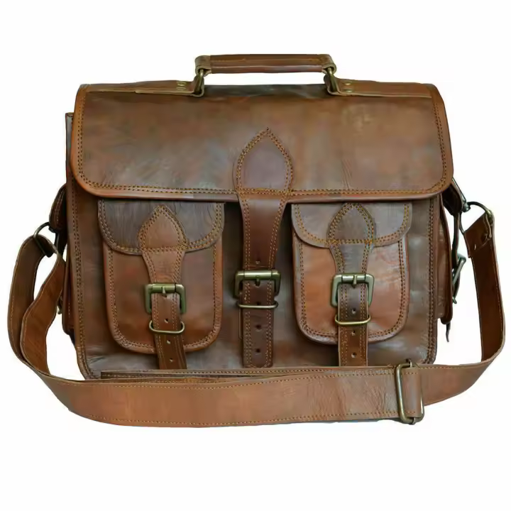 Vintage Brown Leather Messenger Laptop Bag for Men & Women - Shoulder Briefcase - 1
