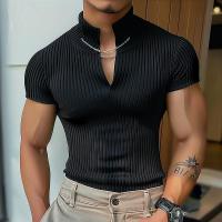 Camiseta De Hombre 2024 Knitted Vuelta En V Color Sólido Verano Estilo Casual Camiseta De Moda Streetwear Manga Corta Tallas S-5XL INCERUN - details 3