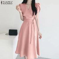 Vestido De Verano Elegante ZANZEA Para Mujer Moda OL Trabajo Corto Manga Vestido Casual Sólido A-Line Kaftan Sarafans Robe Femme - details 5
