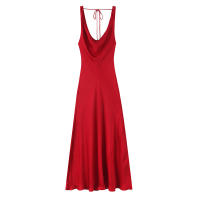Vestido Rojo Elegante Sin Mangas Para Mujer TRAF 2025 Con Cuello En V Y Detalle De Cuerda En La Espalda Silueta Larga Fluidez - details 1