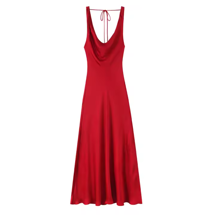 Vestido Rojo Elegante Sin Mangas Para Mujer TRAF 2025 Con Cuello En V Y Detalle De Cuerda En La Espalda Silueta Larga Fluidez - 1