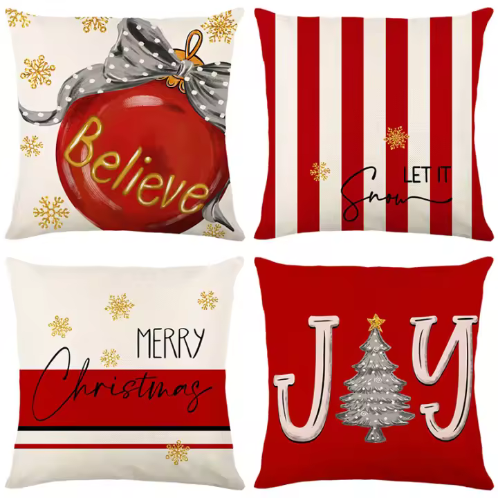 4 fundas de almohada de Navidad festiva, fundas de cojín de lino contemporáneo con cierre de cremallera, lavables a máquina, fundas de almohada decorativas tejidas para dormitorio, sofá y decoración de la sala de estar - 1