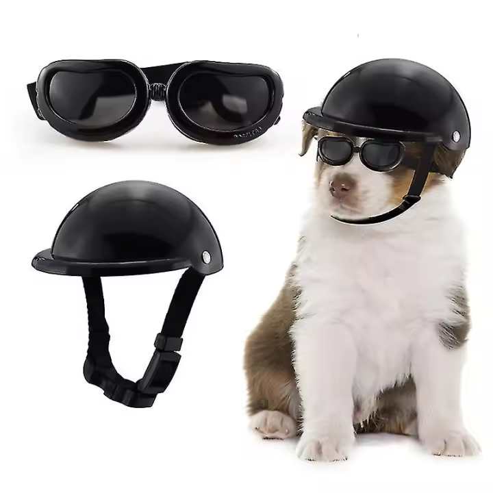 Perro casco gafas conjunto mascota casco gafas de sol perros ajustable perro motocicleta sombreros de seguridad - 1