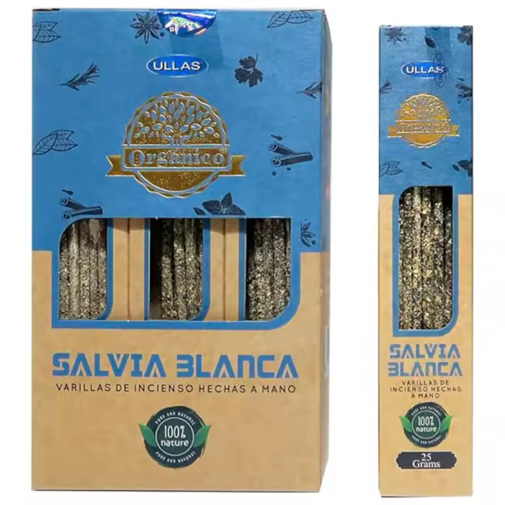 Incienso Salvia Blanca Ullas - Sahumerio Natural y Ecológico - Caja Completa con 12 Cajetillas de 25 gramos cada una - Aromaterapía - Incienso Natural - Meditación - Relajación - Yoga - 1