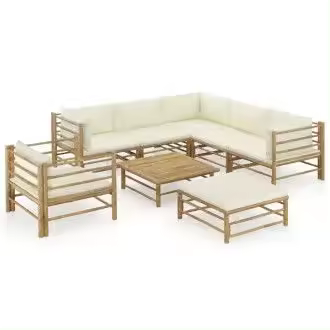 VIDAXL set de muebles para el jardín de 8 piezas fabricado en bambú con cojines de color blanco crema - 1