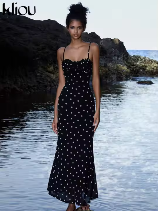 Vestido Clásico De Moda Para Mujer Kliou Point Con Tirantes Spaghetti Y Corte Trasero Sin Espalda Ajustado a La Figura Traje De Moda Para Mujer De Verano - 1