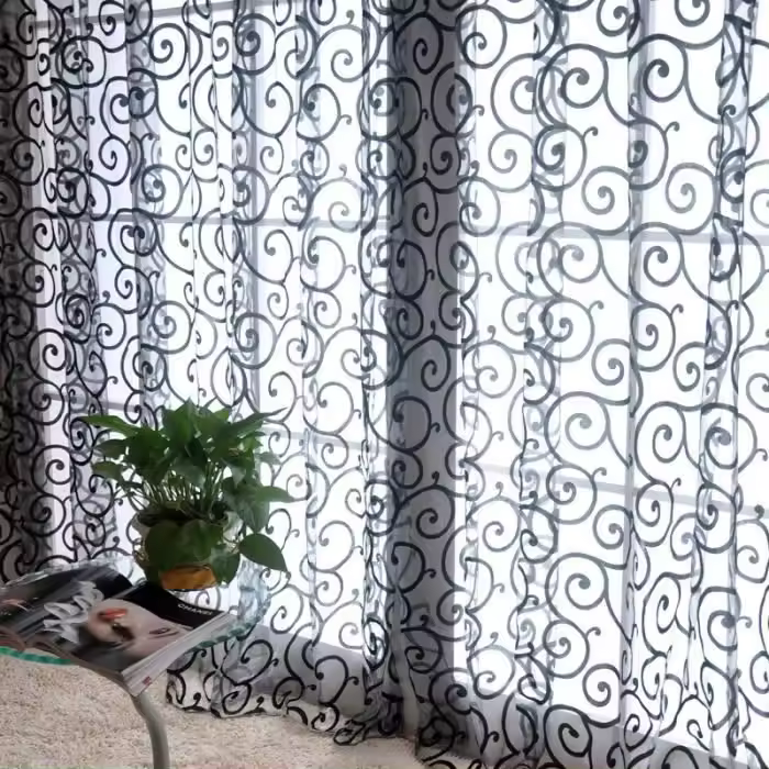 Cortina con ojales con patrón de crochet flocado para decoración de dormitorio y sala de estar, 100 x 270 cm, color negro - 1