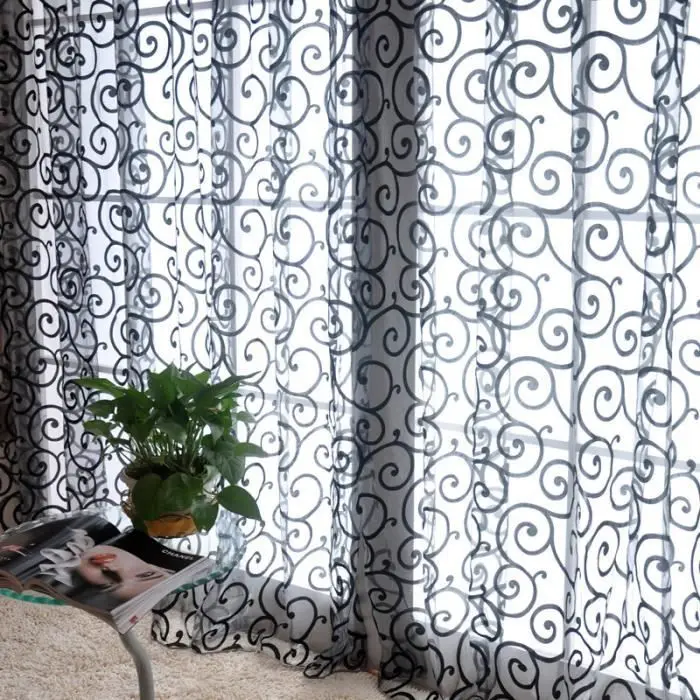 Cortina con ojales con patrón de crochet flocado para decoración de dormitorio y sala de estar, 100 x 270 cm, color negro - 1