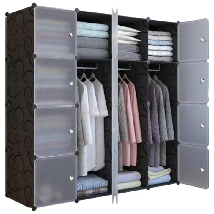 Armario Modular, Estantería de Módulos, Organizador Modular de Ropa Ropero para Hogar, Estante de Almacenamiento para Dormitorio, 16 Módulos, 3 Barras, 140x105 cm, Color Negro - 1