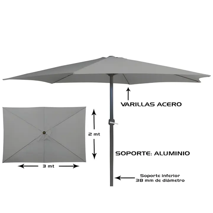 Gerimport Sombrilla Poliester Gris Tubo Aluminio 38 Mm 2 X 3 Metros - Protección Solar Resistente Al Agua - 1