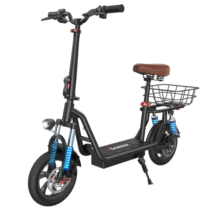 iScooter i12 Scooter eléctrico con asiento y cesta trasera, motor de 500W, batería de 36V 7.5Ah, neumático neumático de 12 pulgadas, velocidad máxima de 25 km/h, alcance máximo de 35 km, frenos de disco dobles, absorción de impactos doble - 1