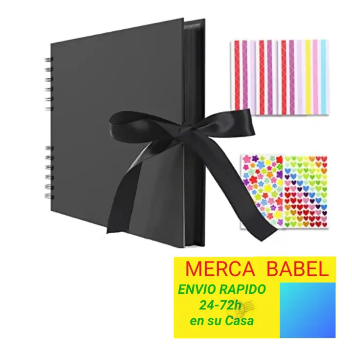 Album de Fotos Scrapbook Espiral, 80 Páginas Negras DIY Scrapbooking Album Set con 2 hojas pegatinas de esquineros 4 Hojas Pegatinas decoración  y 12 Rotuladores de Colores, para Boda Aniversario Cumpleaños Navidad - 1
