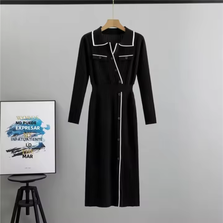 Vestido De Punto Para Mujer Estilo Elegante Cuello Volteado Largo De Manga Acampanado Ajustado Silueta A-Line Midi Cierre De Botón - 1
