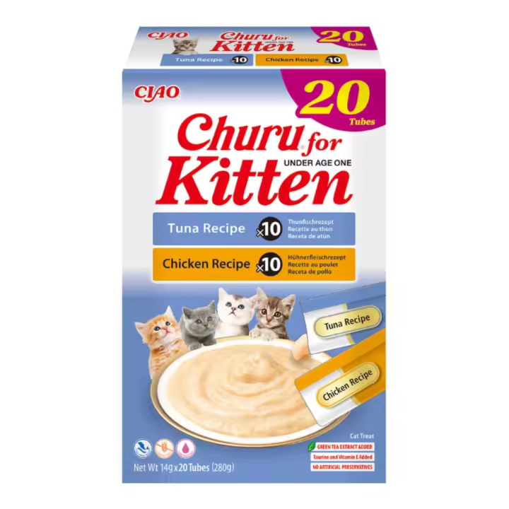 iNABA CHURU KITTEN - Variedad pollo y atún - 20 sobres x 14 gr para gatitos de hasta 1 año - 1
