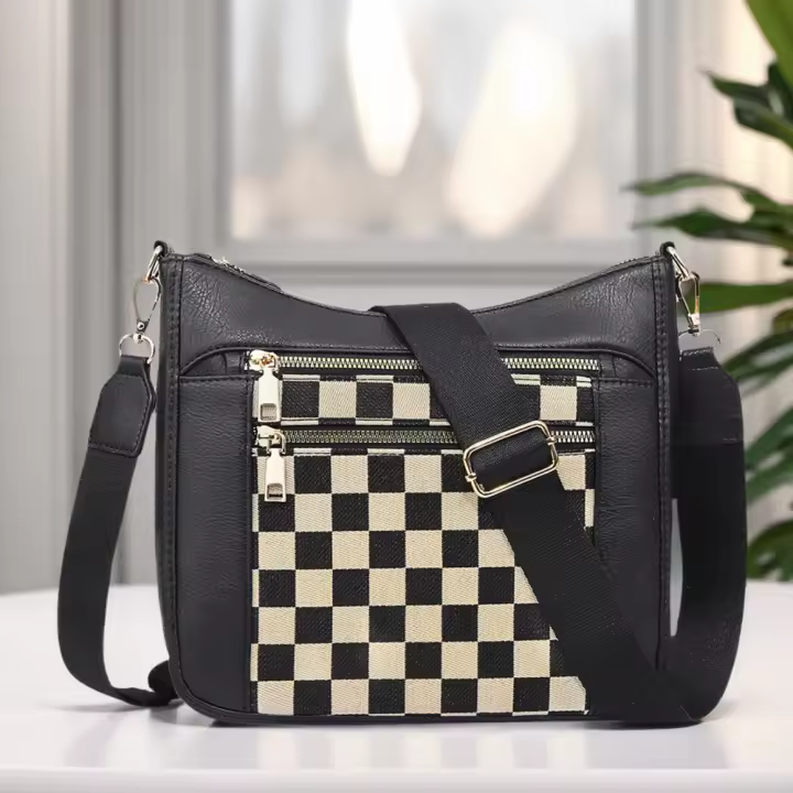 Bolso Cruzado De Cuero Para Mujer Con Correa Ajustable Estilo Elegante Bolso De Hombro Con Patrón De Cuadros Para Uso Diario Y Comunicación - 1