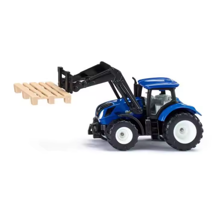 Siku Tractor New Holland con Horquilla para Palés - Cargador Frontal y Remolques Siku - Neumáticos de Goma - 1