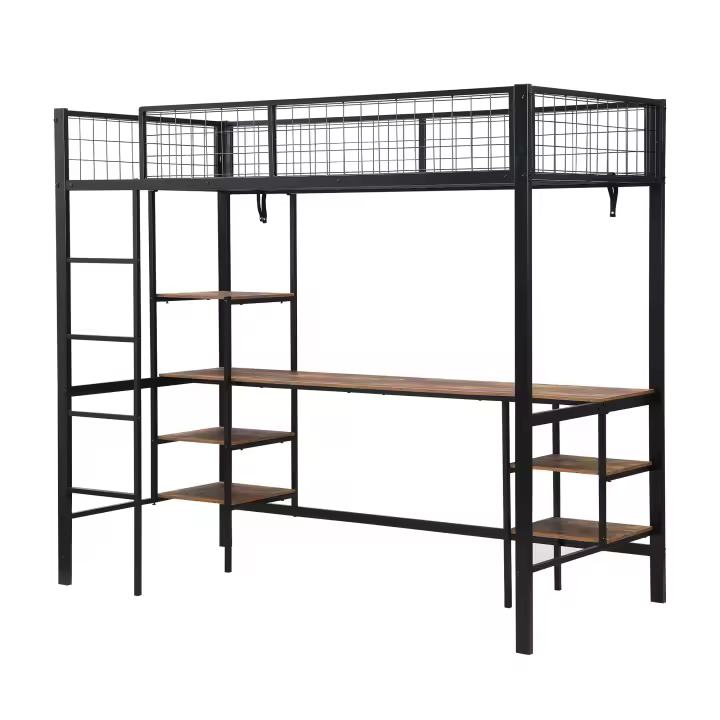 Cama de Hierro, Litera, adecuada para niños y adolescentes, Con Mesa y estantes, Con Escalera de Cuatro peldaños, Hierro aglomerado, Negro Grano de Madera Oscuro, 90x200 cm - 1