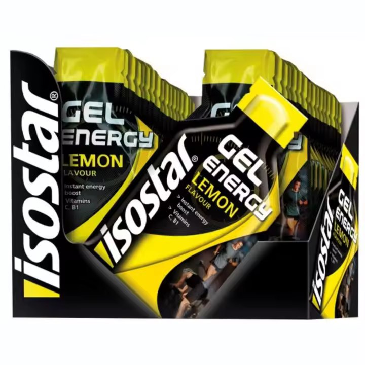 Isostar  Gel Energético, Sabor Limón, Práctico y Fácil de Consumir Durante tus Entrenamientos y Competiciones, con Vitamina C y Vitamina B1 para Mantener el Metabolismo Energético - Caja de 24 Unidades - 1