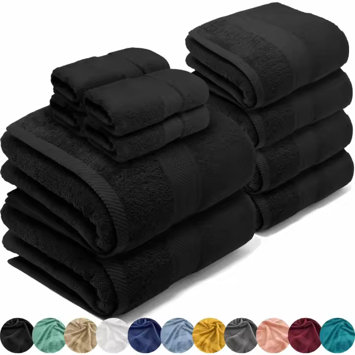 Juego de Toallas Baño, Algodón Premium, 550gsm, 4 Tocador (30x30) 4 Lavabo (50x90) 2 Ducha, (70x130) Extra Suaves, absorbentes Resistentes (Pack 10 Negro) - 1