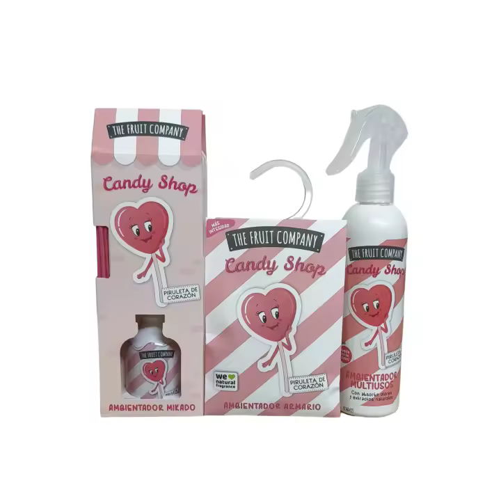 Lote Ambientadores The Fruit Company Candy Shop Piruleta: Mikado, Spray y Armario con Aroma Dulce y Natural - 1