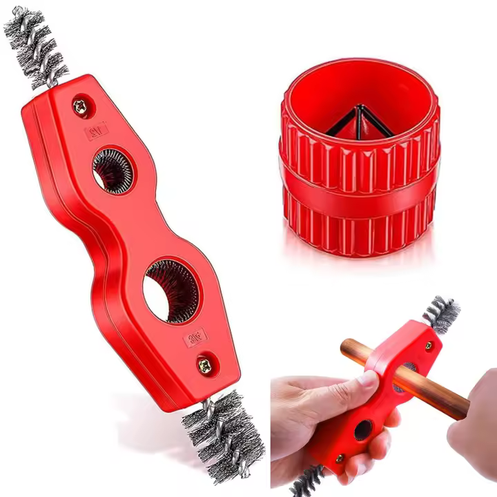 1 par de limpiadores de tubos de cobre para taladro, herramienta de limpieza de tuberías para taladro, herramienta de desbarbado de tubos de cobre, cepillo de batería 4 en 1 y herramienta de desbarbado (rojo) - 1