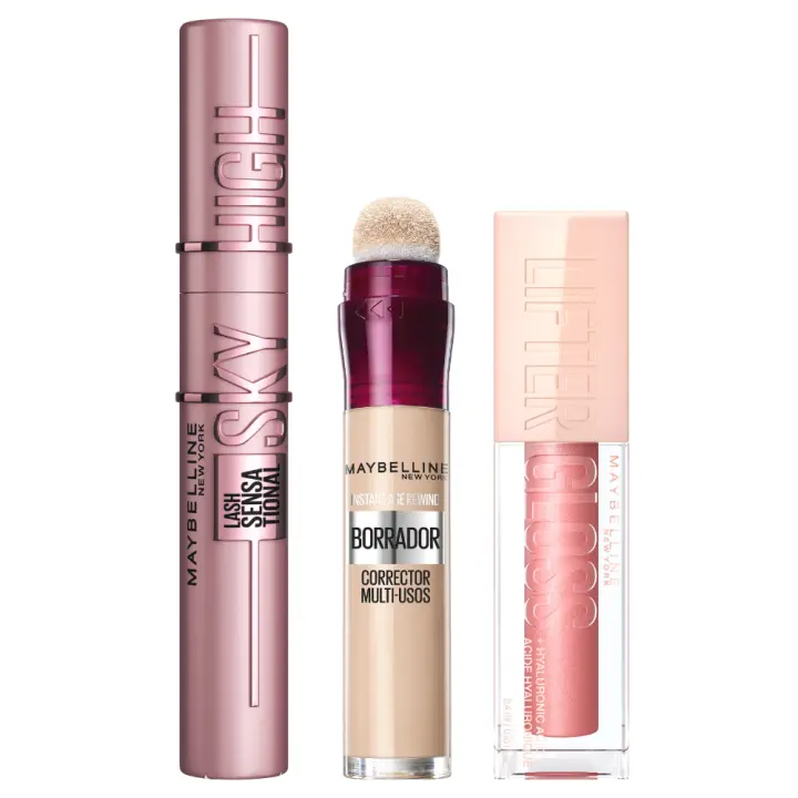 Maybelline New York | Pack Rutina con nuestros favoritos, con la máscara de pestañas Sky High, el borrador corrector multiusos, en Tono Light, y el labial Lifter Gloss, en tono Moon - 1