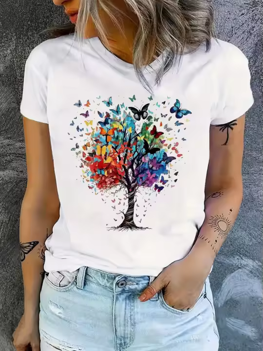 Camiseta De Mujer Con Estampado De Mariposa Cuello Redondo Casual Manga Corta Primavera Verano Top Tee Polyester Creatividad - 1