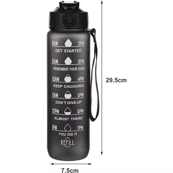 Motivational water bottle 1000 ml, leak-proof, bpa-free, ensures you drink enoh water for fitness, outdoor gym, black - 1