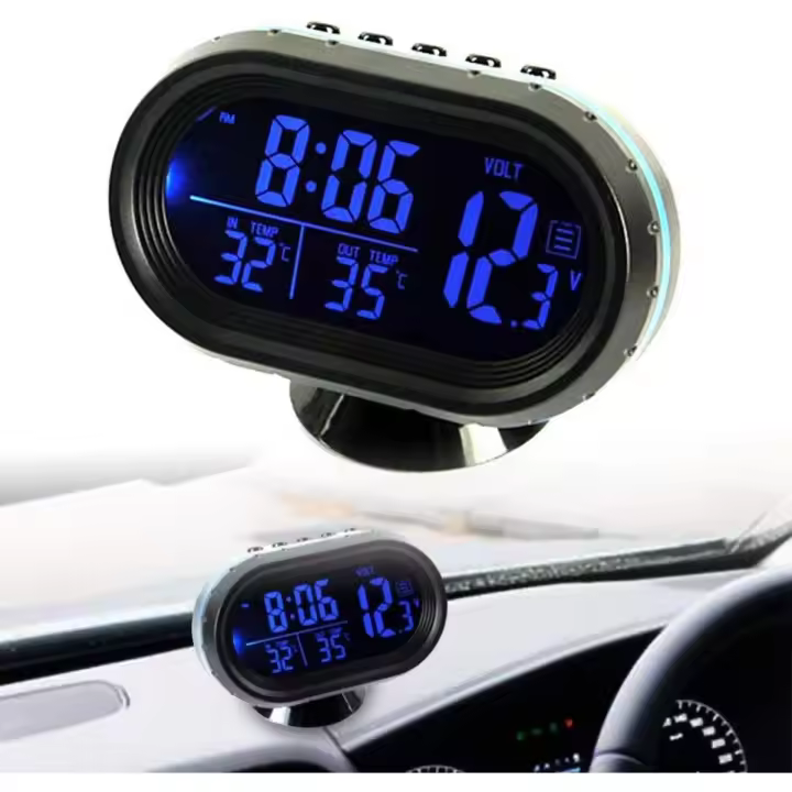 Reloj para Automóvil, DC 12-24V Termómetro digital para Automóvil Voltímetro Monitor Reloj y Reloj bidireccional LCD - 1