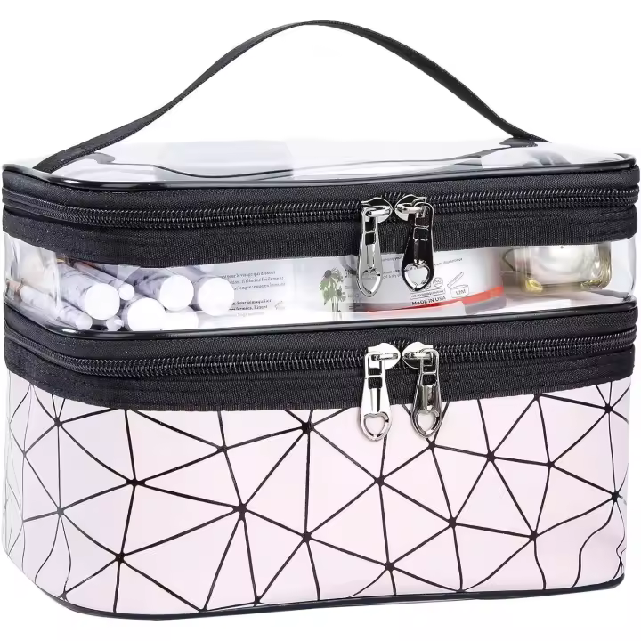 Bolsa de maquillaje de viaje, Bolsa de cosméticos portátil, Bolsa de ASEO con Cremallera, Organizador de artículos de tocador impermeable de Doble Capa para Mujeres y niños - 1